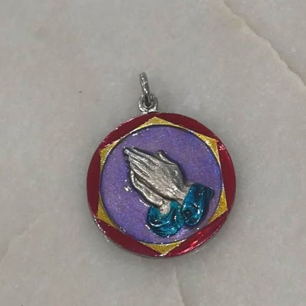 Vintage Catholic Serenity Prayer Praying Hands Enamel Pendant Medal Religious